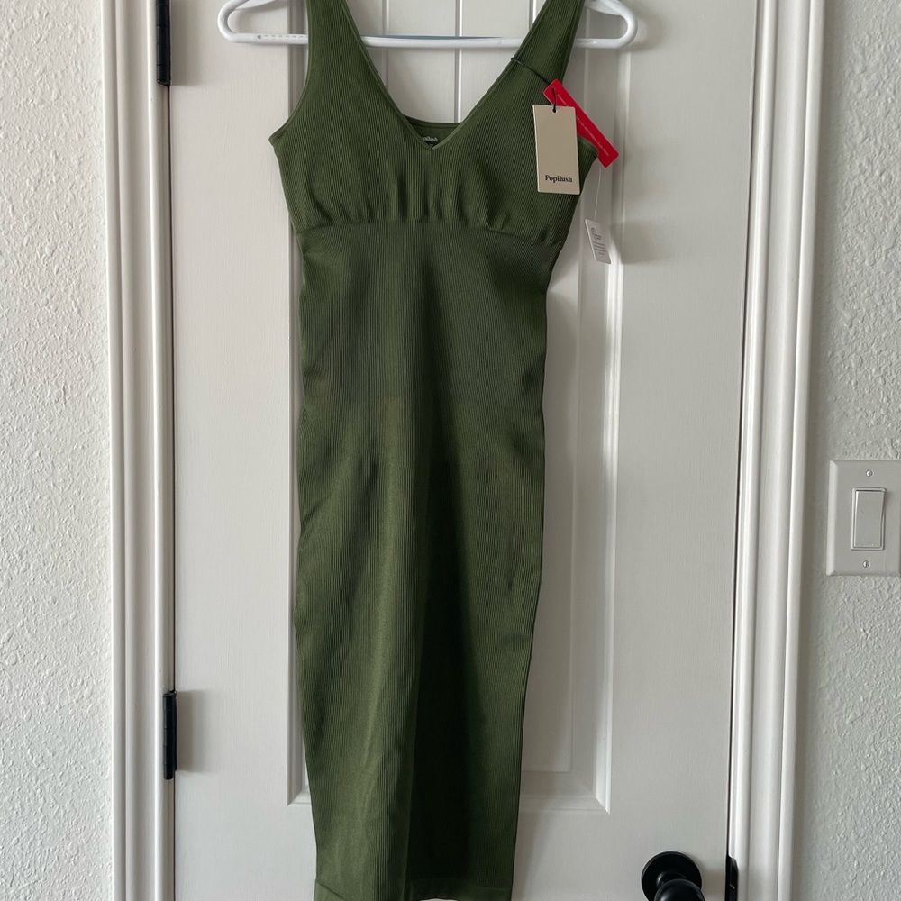 Popilush bodycon Olive Green Midi Dress - Picture 3 of 3